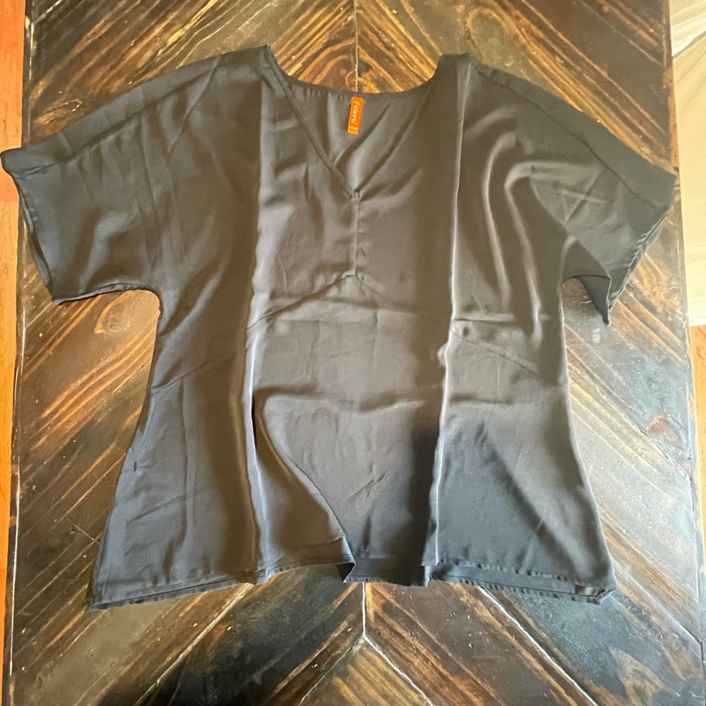 Black satin short sleeve v neck blouse